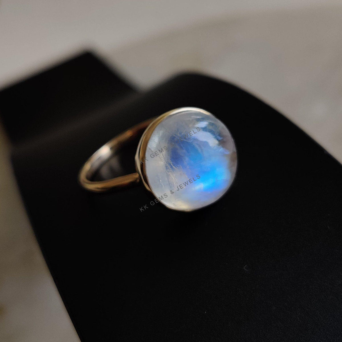 14K Solid Gold Natural Rainbow Moonstone Ring, Round Cabochon, June Birthstone