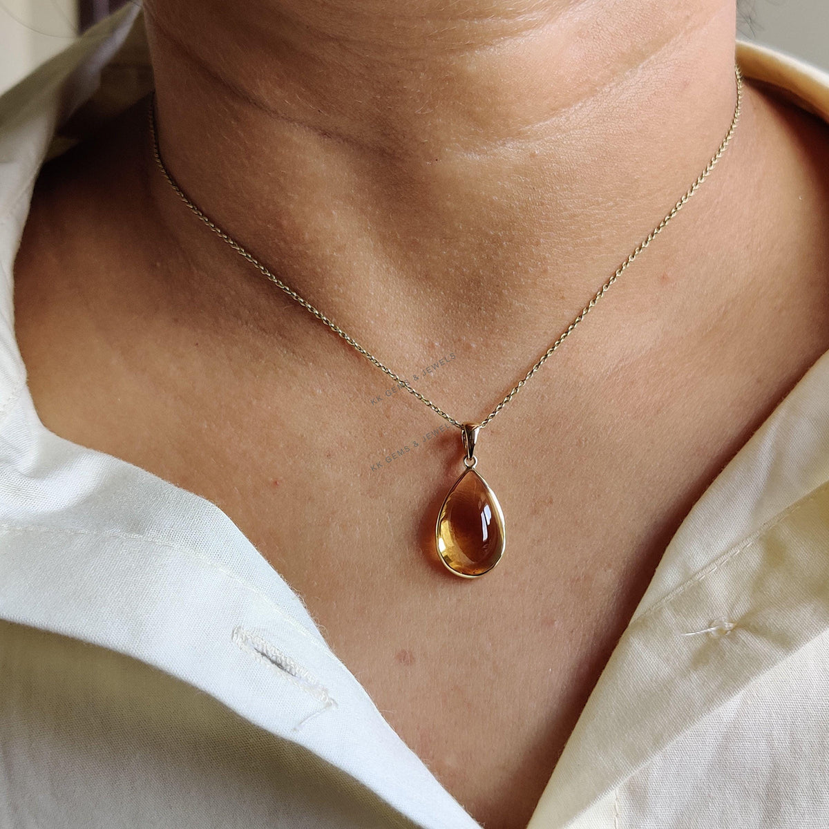 14K Solid Yellow Gold Natural Citrine Pendant: November Birthstone Bezel Jewelry
