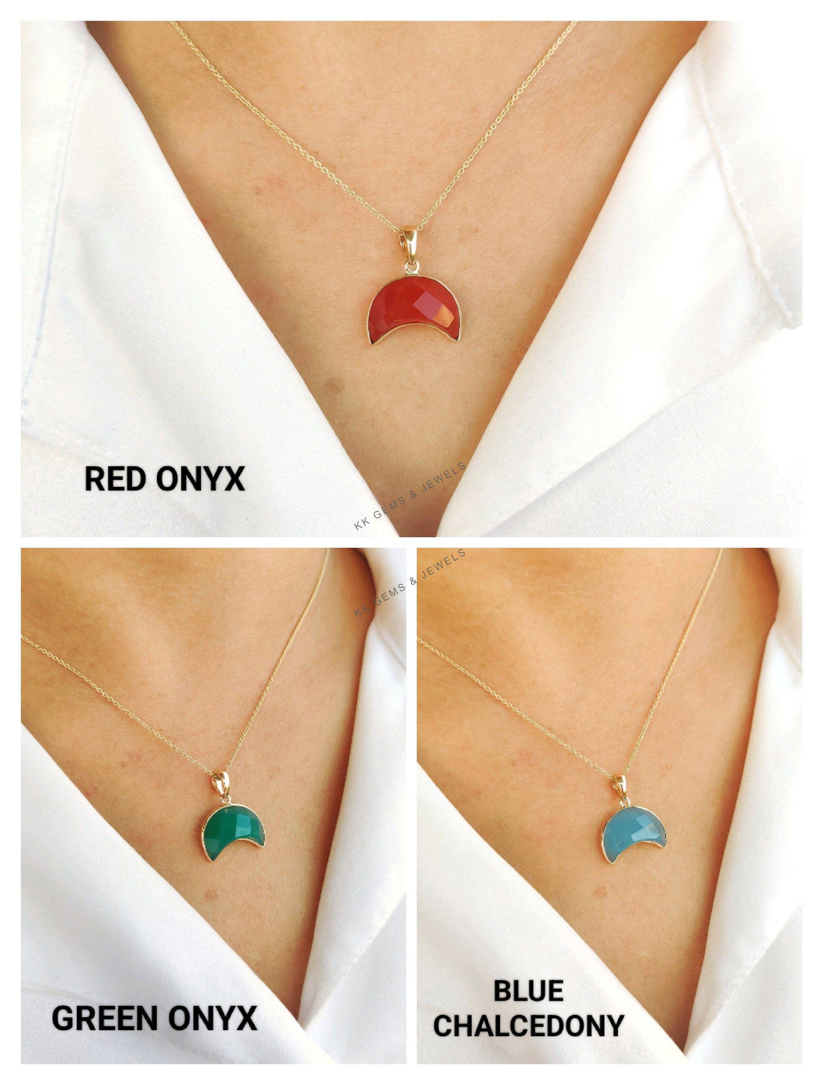 14K Solid Yellow Gold Bezel Moon Pendant, Natural Onyx Chalcedony Crecent Jewelry