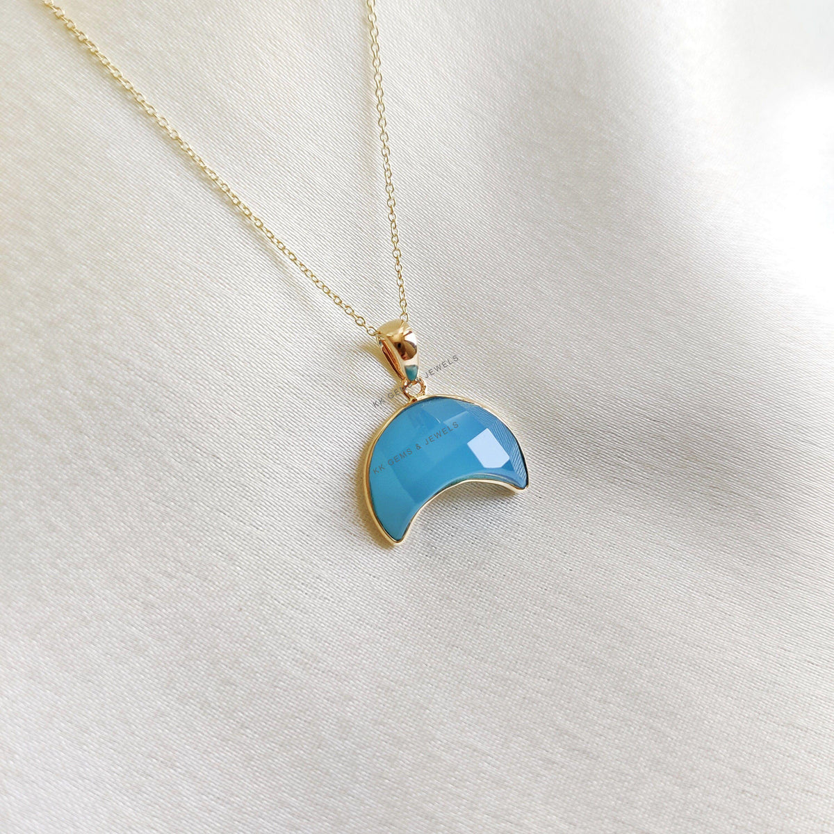 14K Solid Yellow Gold Bezel Moon Pendant, Natural Onyx Chalcedony Crecent Jewelry