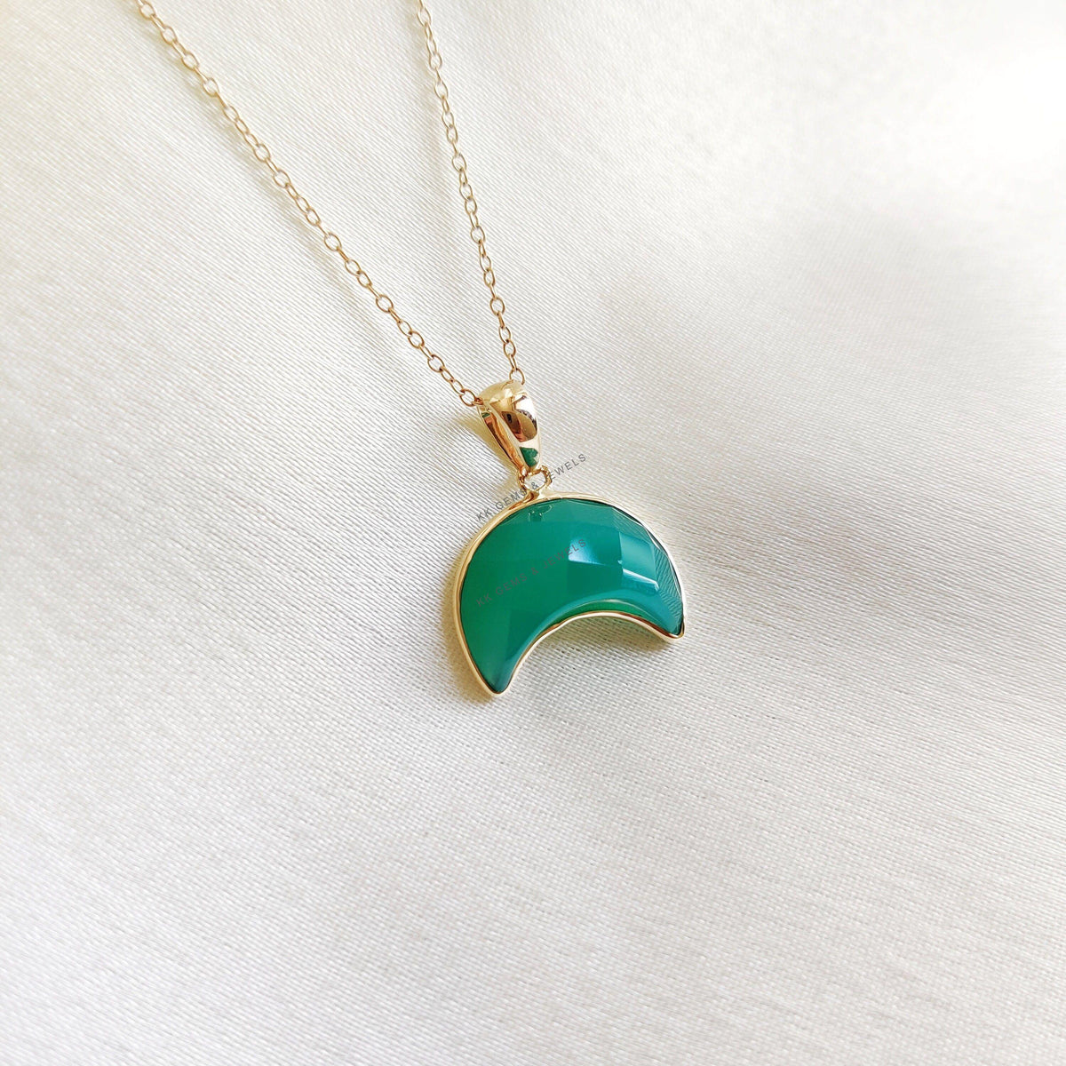 14K Solid Yellow Gold Bezel Moon Pendant, Natural Onyx Chalcedony Crecent Jewelry