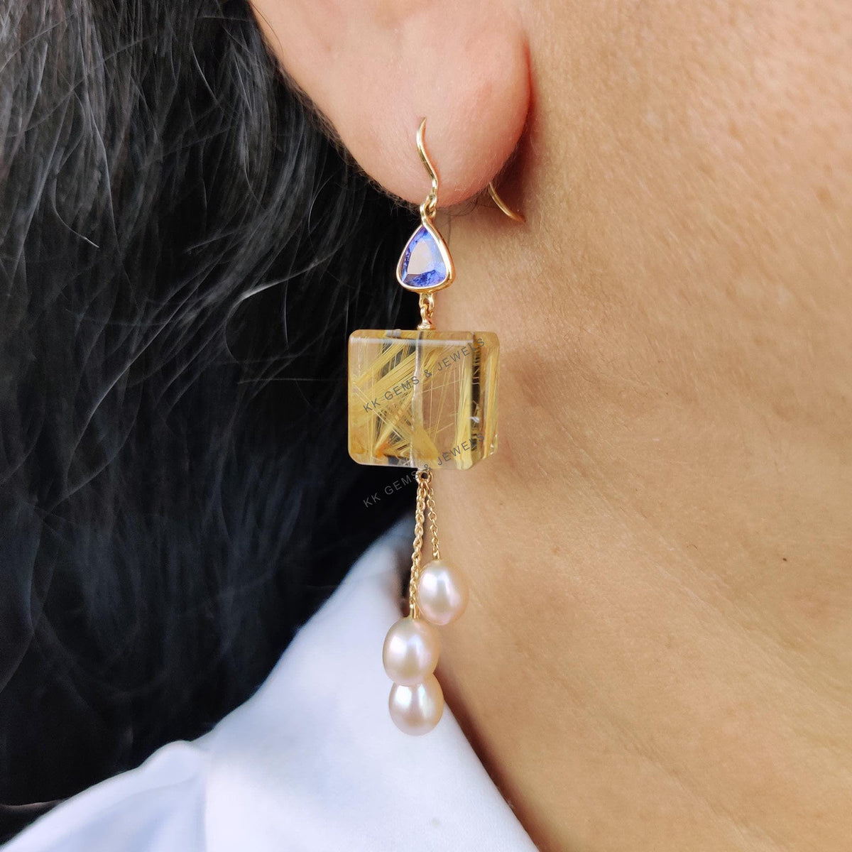 14K Solid Gold Natural Golden Rutile & Pearl and Tanzanite Dangle Earrings, Christmas Gift