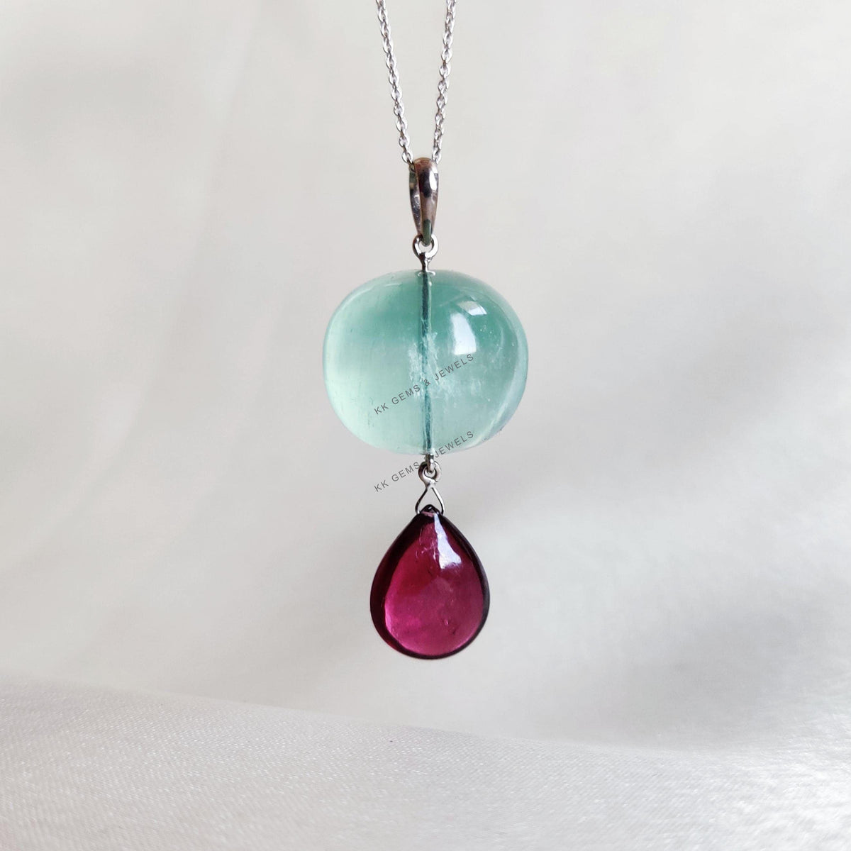 Natural Fluorite & Rhodolite Garnet Pendant, 14K Solid White Gold, January March Birthstone