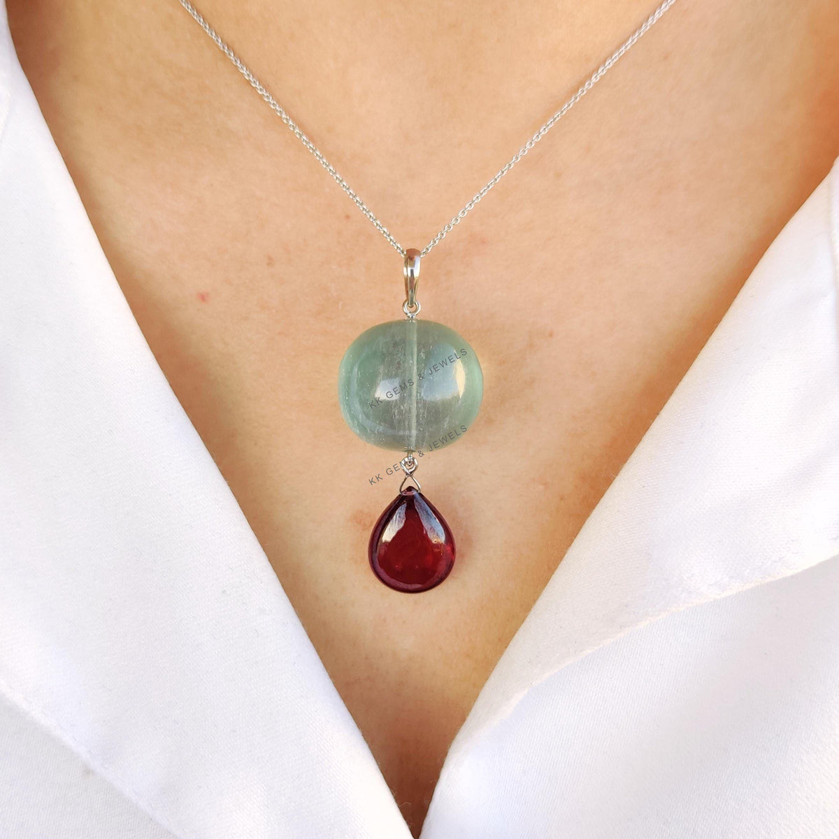 Natural Fluorite & Rhodolite Garnet Pendant, 14K Solid White Gold, January March Birthstone