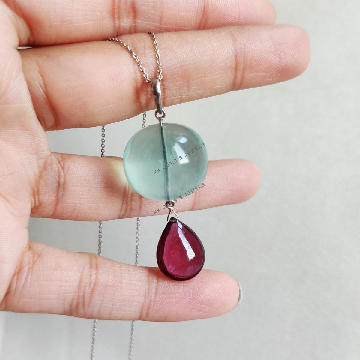 Natural Fluorite & Rhodolite Garnet Pendant, 14K Solid White Gold, January March Birthstone