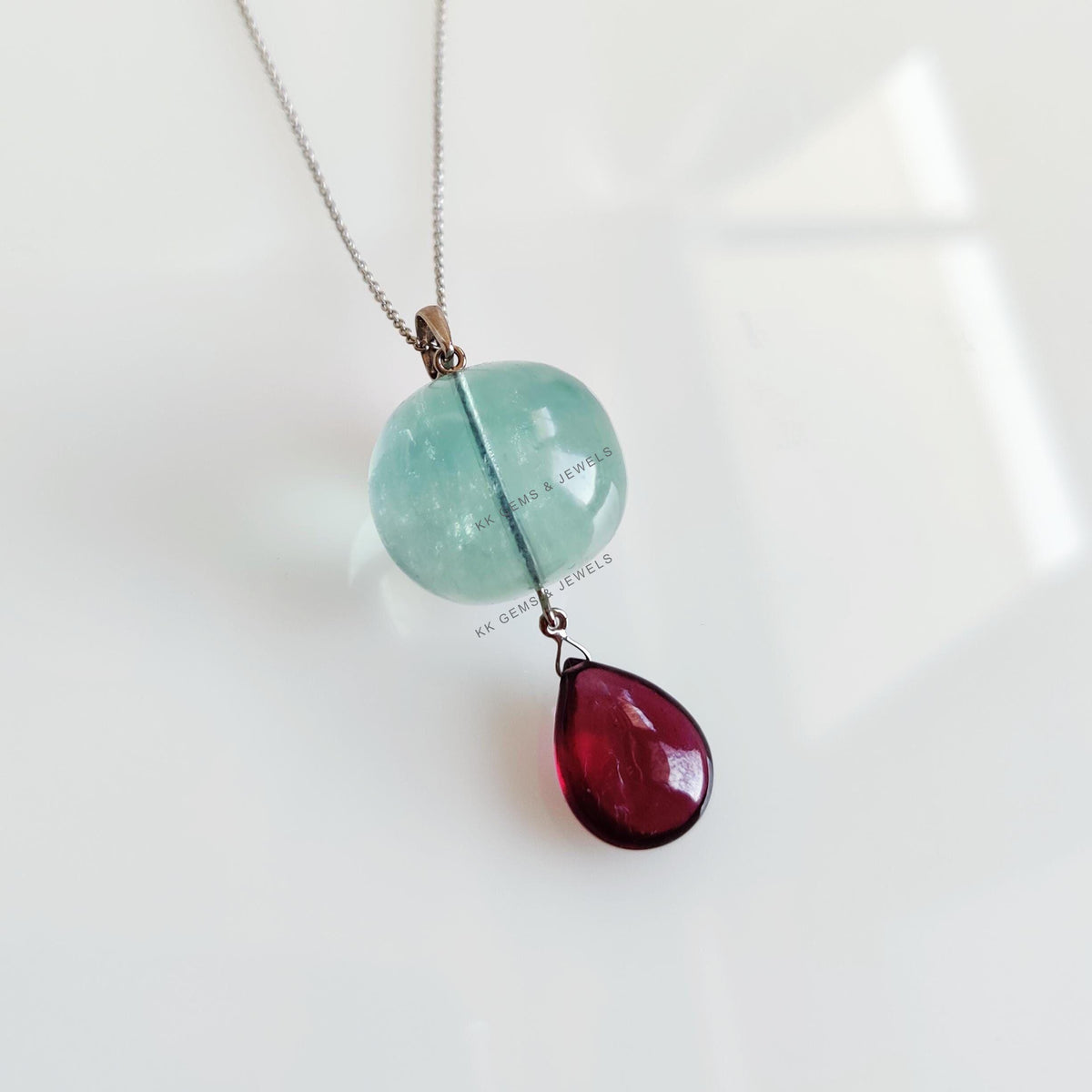 Natural Fluorite & Rhodolite Garnet Pendant, 14K Solid White Gold, January March Birthstone