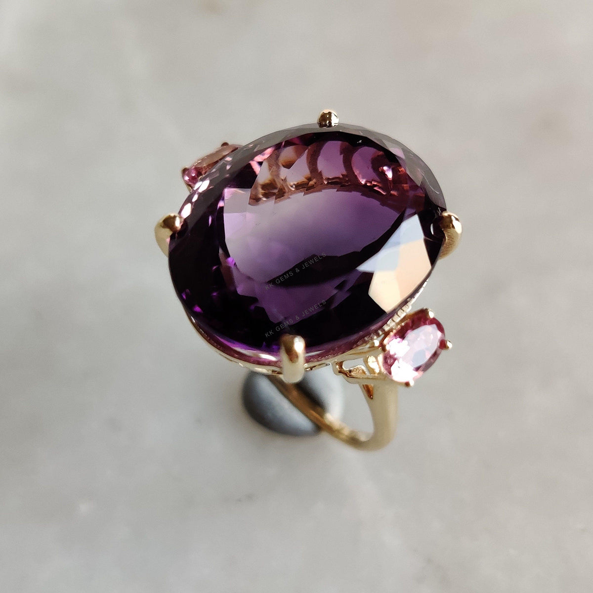Natural Purple Amethyst & Pink Tourmaline 14K Solid Yellow Gold Cocktail Ring, February Birthstone