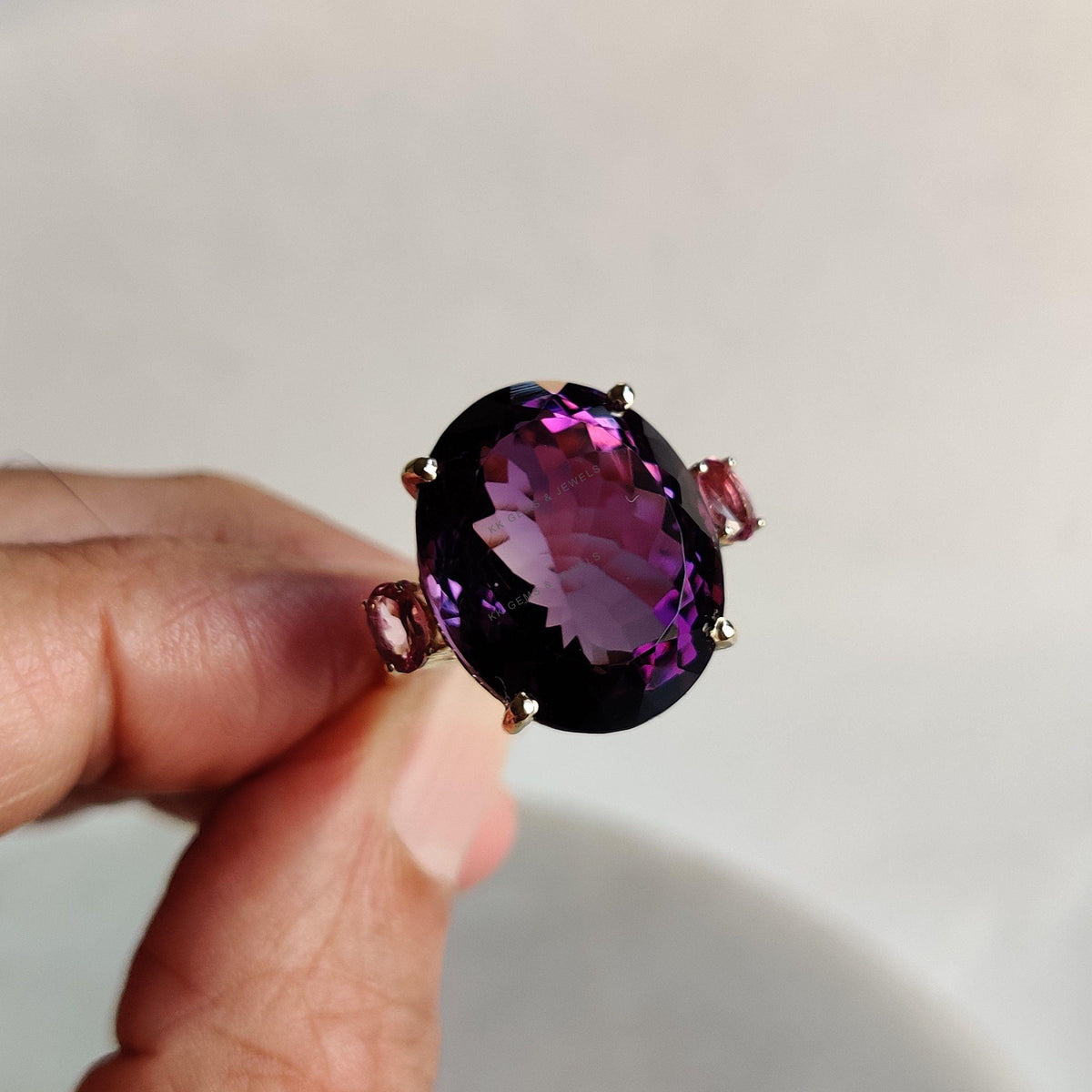 Natural Purple Amethyst & Pink Tourmaline 14K Solid Yellow Gold Cocktail Ring, February Birthstone