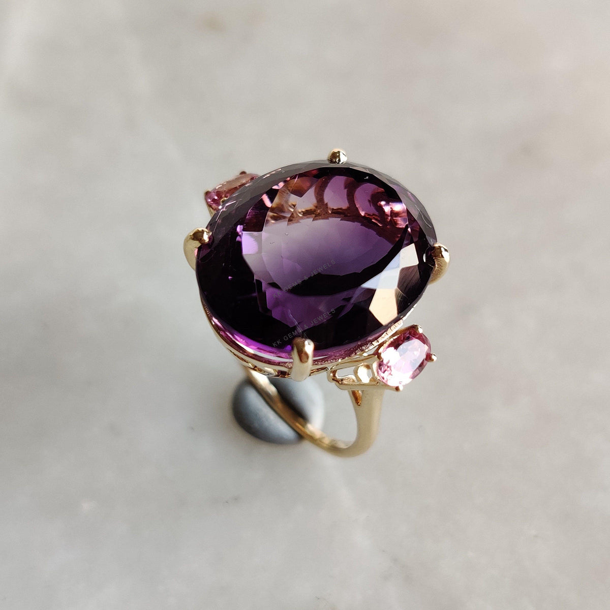 Natural Purple Amethyst & Pink Tourmaline 14K Solid Yellow Gold Cocktail Ring, February Birthstone