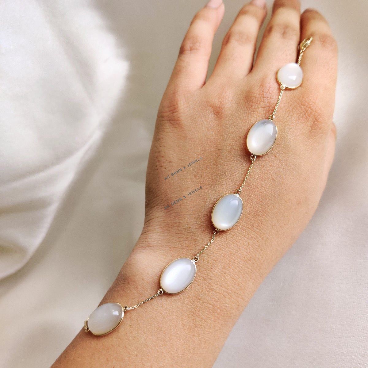 Natural White Moonstone Bracelet, 14K Solid Yellow Gold Bracelet, June Birthstone