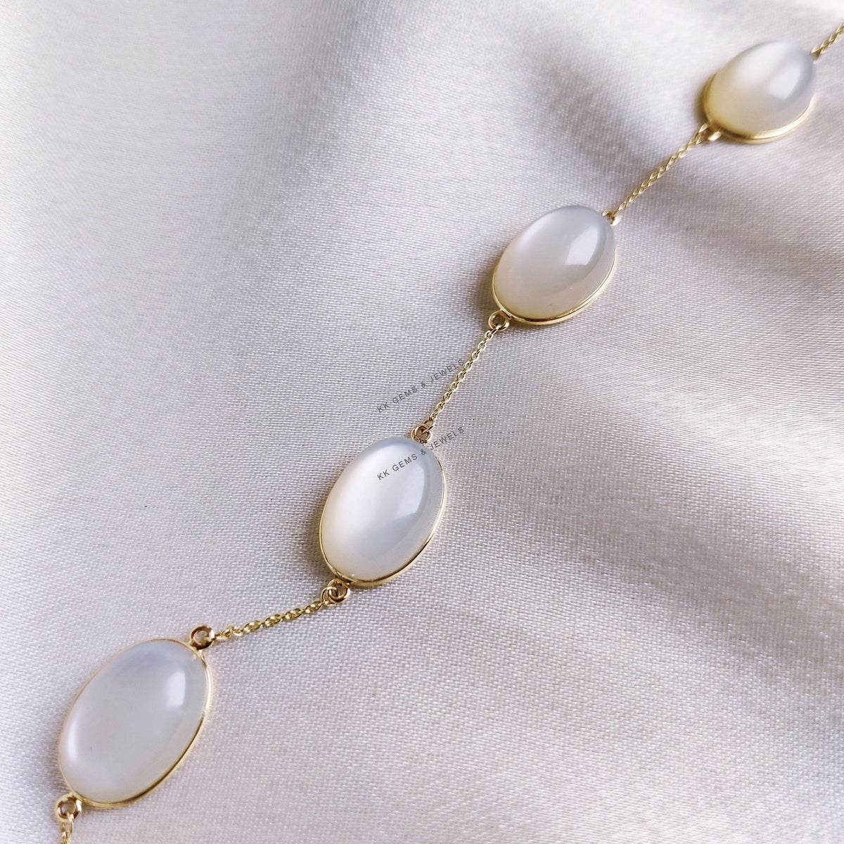 Natural White Moonstone Bracelet, 14K Solid Yellow Gold Bracelet, June Birthstone