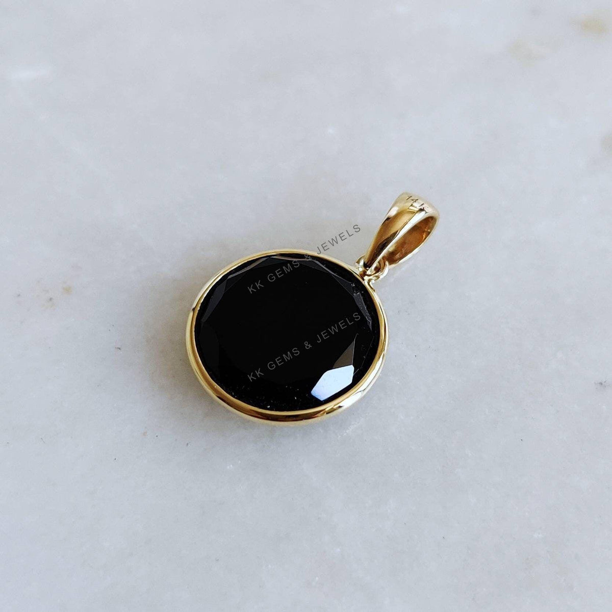 14K Solid Yellow Gold Natural Black Onyx Pendant, December Birthstone