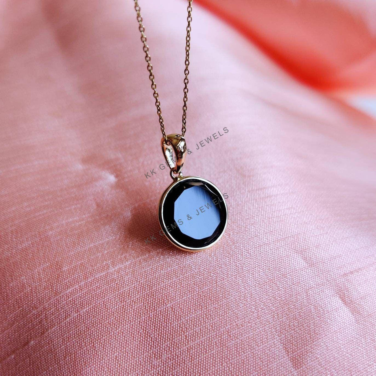 14K Solid Yellow Gold Natural Black Onyx Pendant, December Birthstone