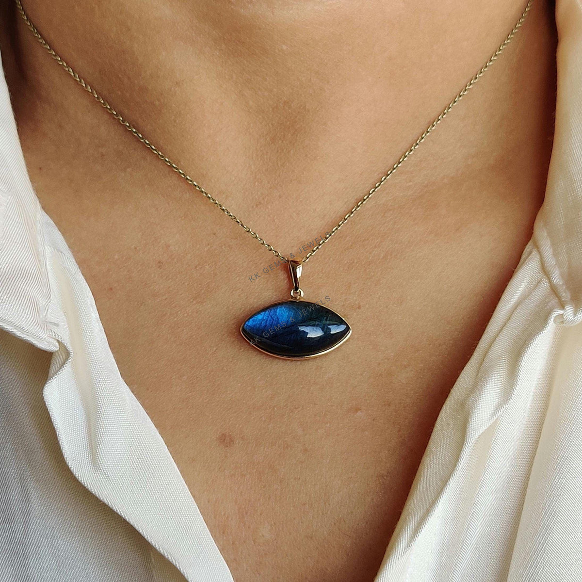Natural Labradorite Pendant, 14K Solid Yellow Gold, November Birthstone, Christmas Gift