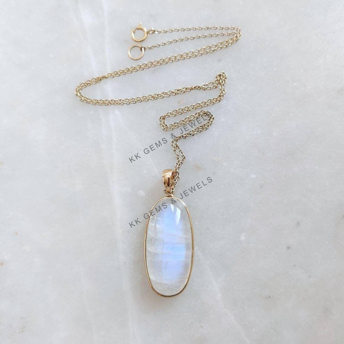 14K Solid Gold Natural Rainbow Moonstone Pendant: June Birthstone Necklace