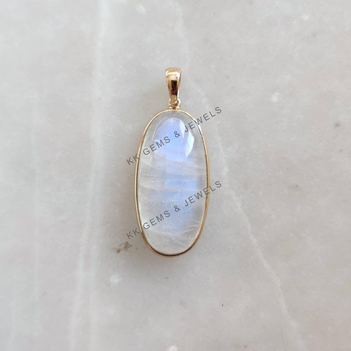 14K Solid Gold Natural Rainbow Moonstone Pendant: June Birthstone Necklace