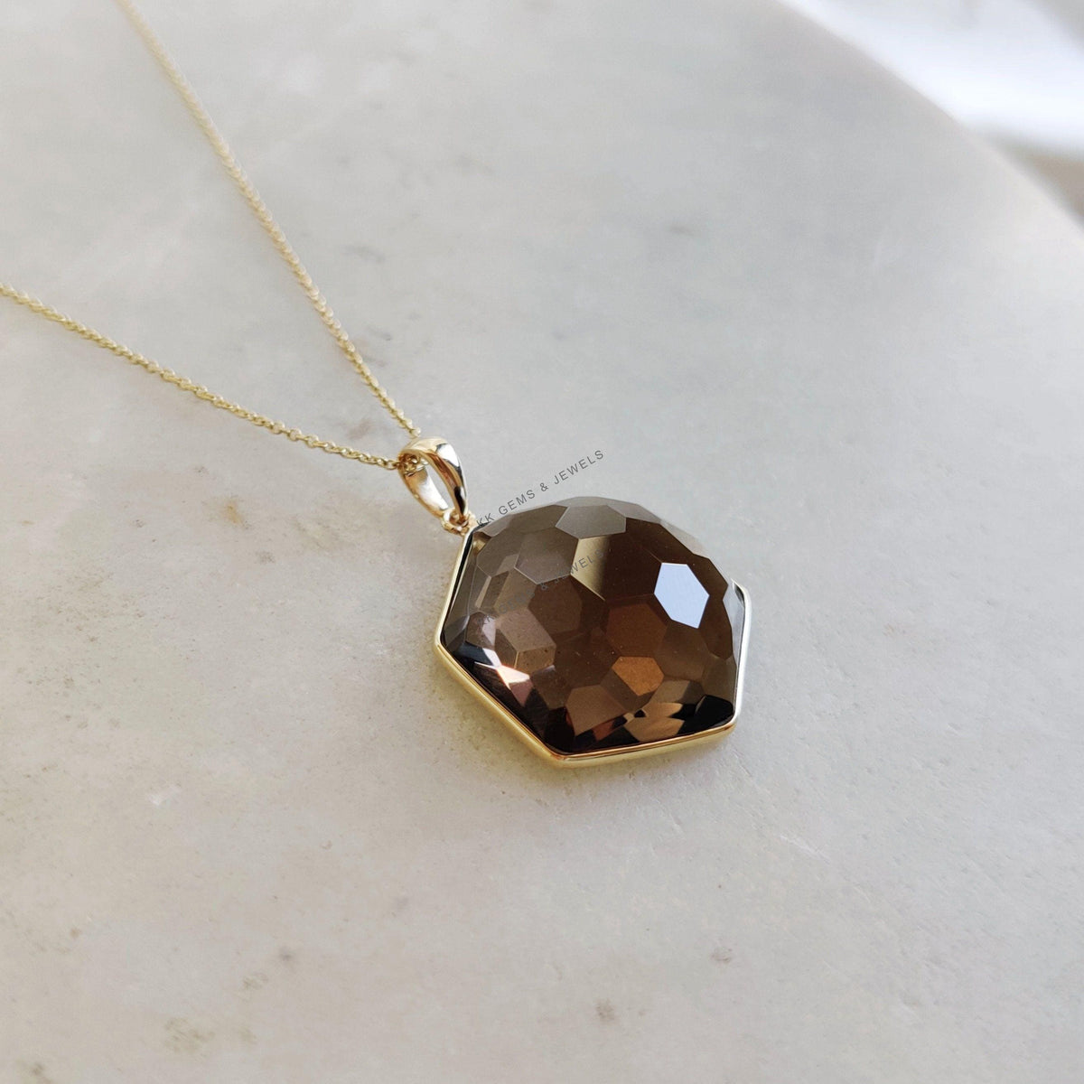 Natural Smoky Quartz Pendant, 14K Solid Yellow Gold Hexagon Football Cut Gemstone