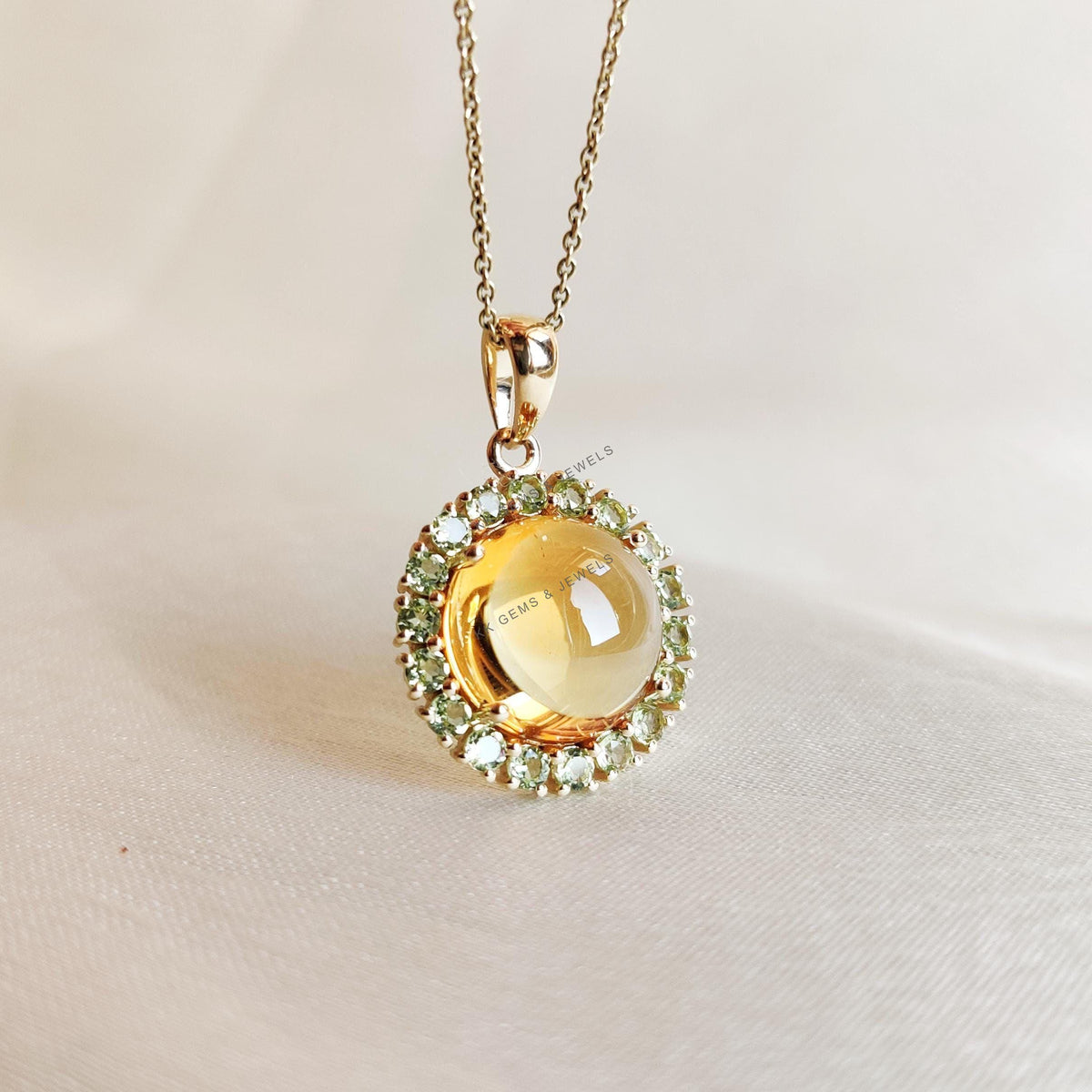 14K Solid Gold Natural Citrine & Peridot Pendant, November August Birthstone Halo Pendant