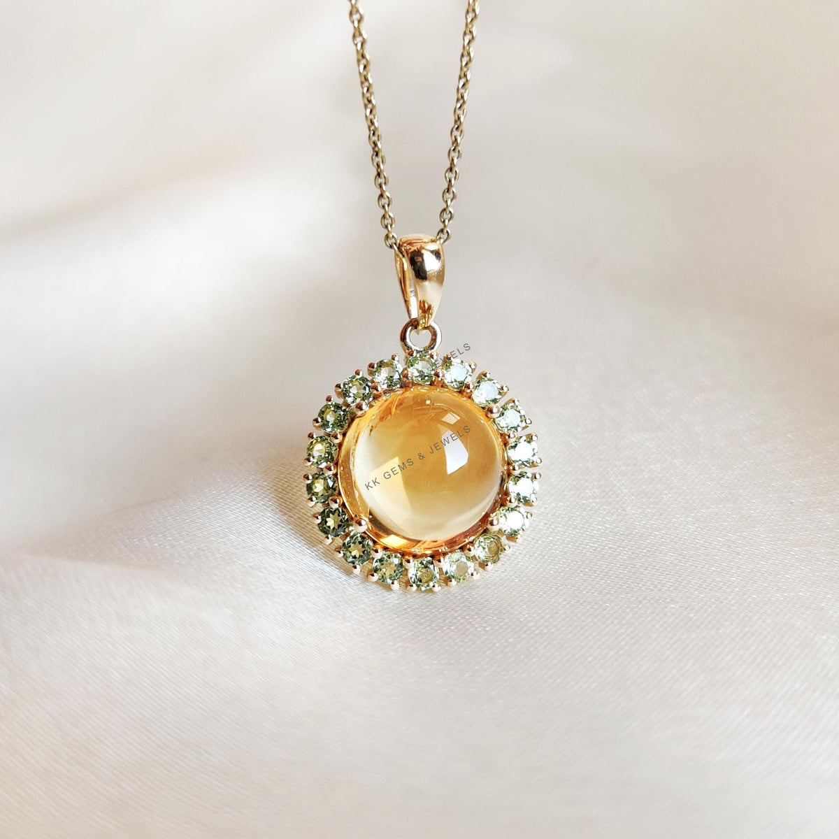 14K Solid Gold Natural Citrine & Peridot Pendant, November August Birthstone Halo Pendant