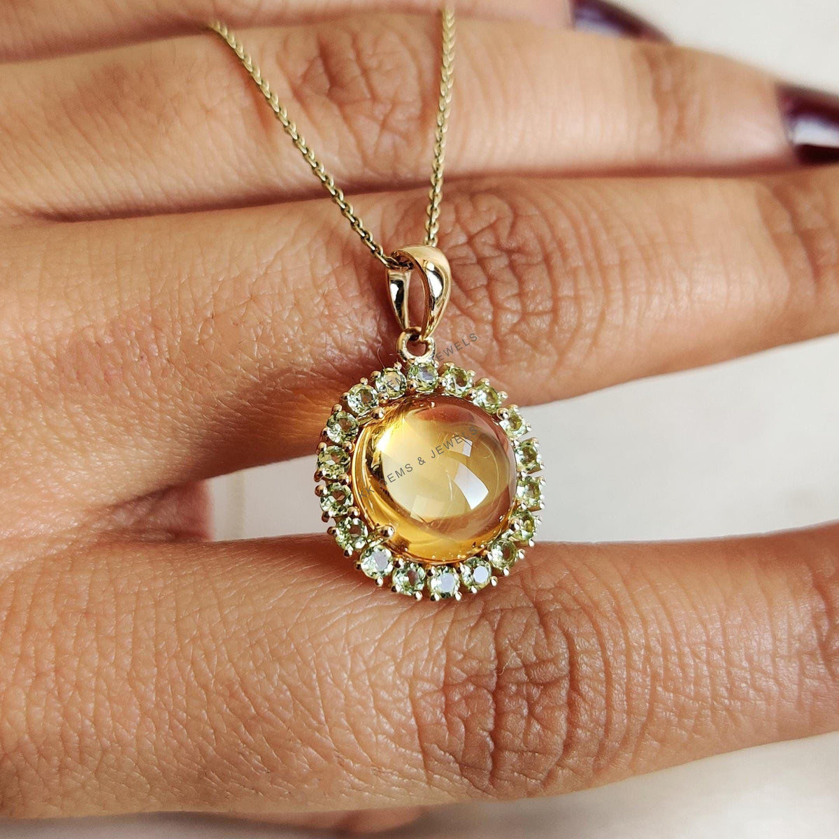 14K Solid Gold Natural Citrine & Peridot Pendant, November August Birthstone Halo Pendant