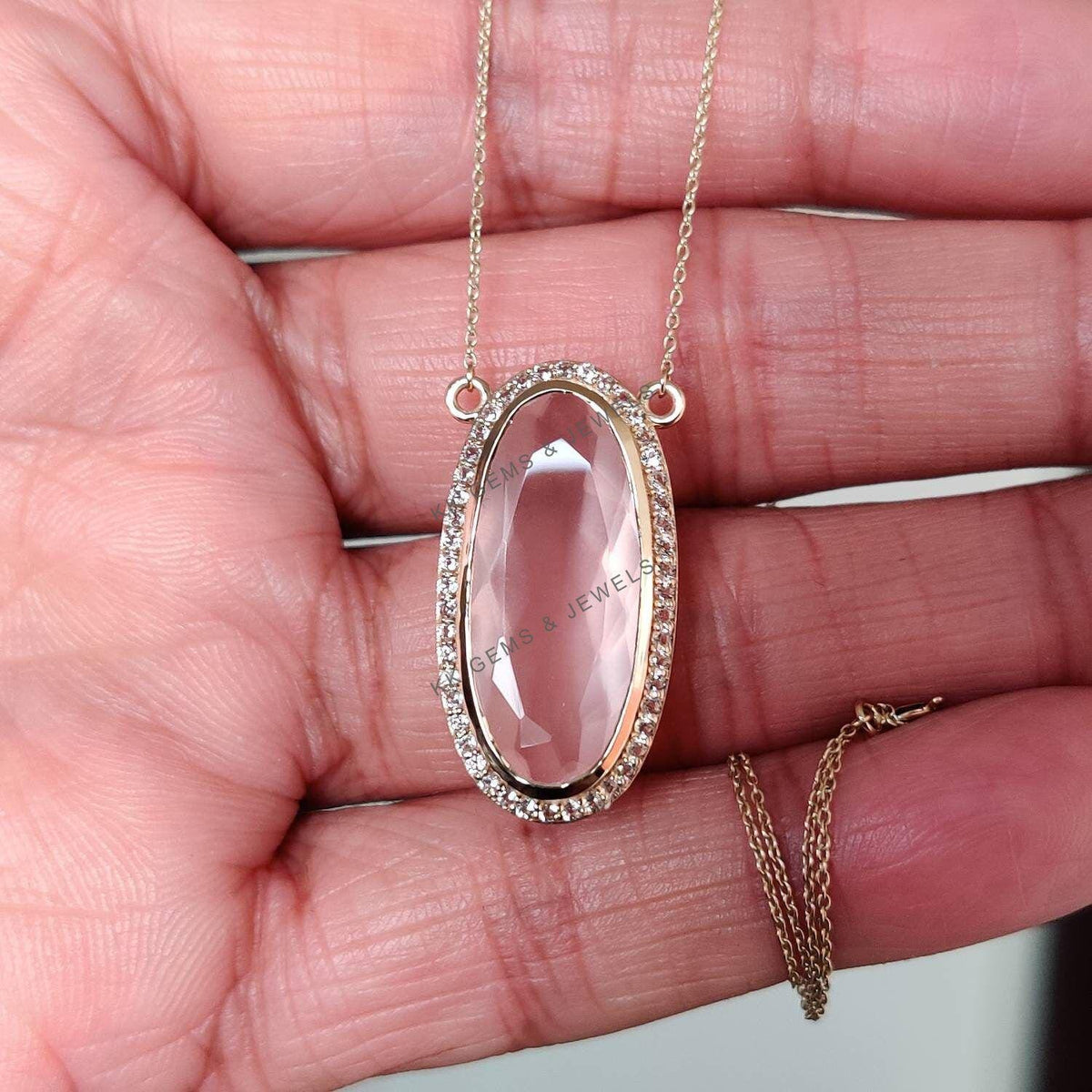 14K Solid Yellow Gold Natural Rose Quartz & White Topaz Halo Chain Necklace, January Birthstone