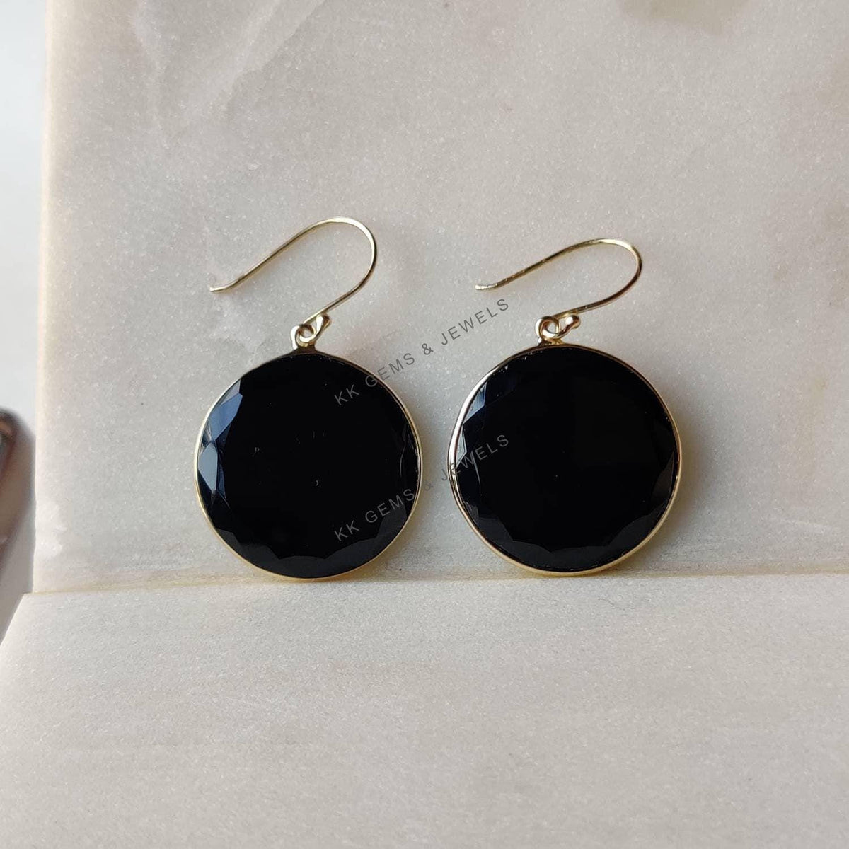 14K Solid Gold Natural Black Onyx Earrings, Round Bezel Set