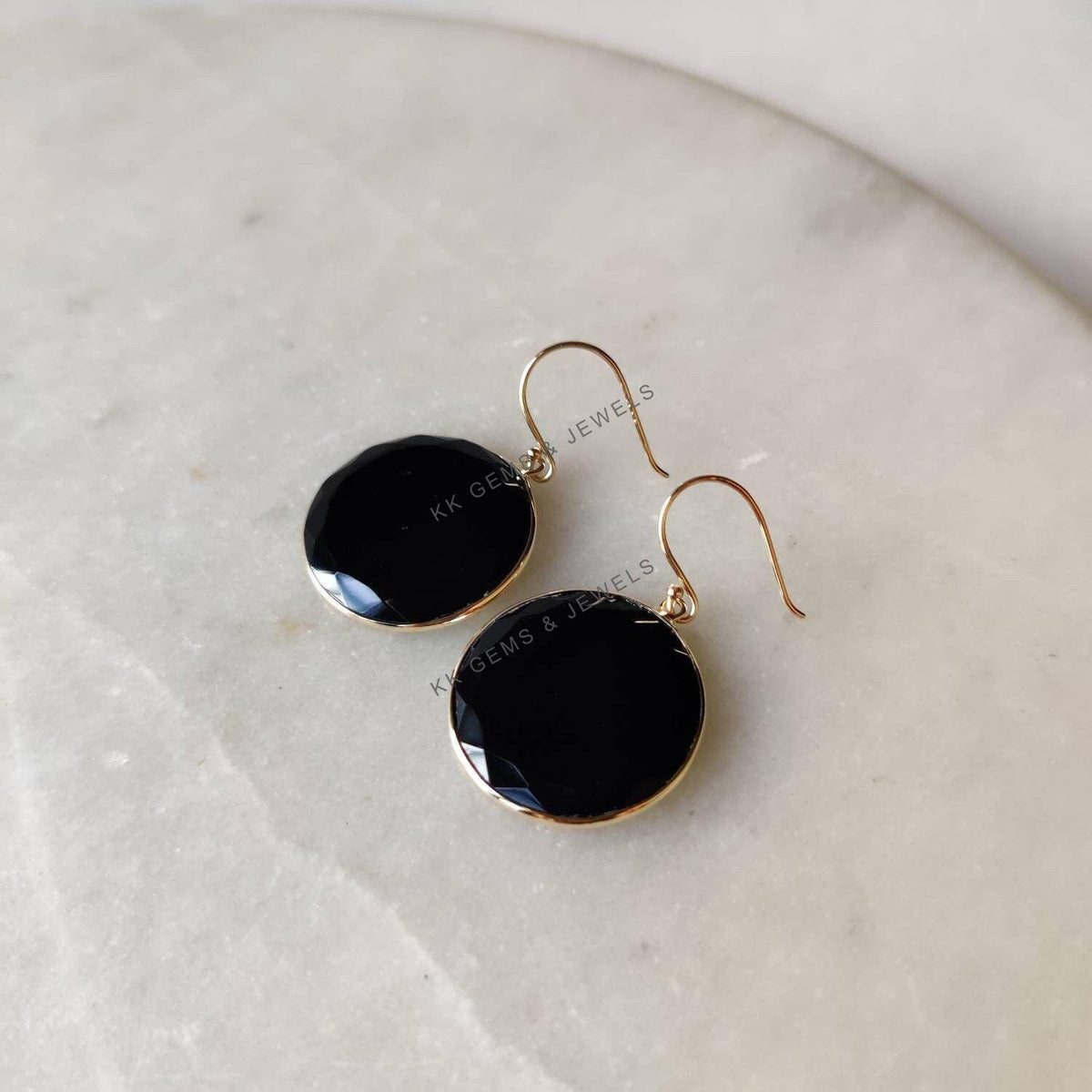 14K Solid Gold Natural Black Onyx Earrings, Round Bezel Set