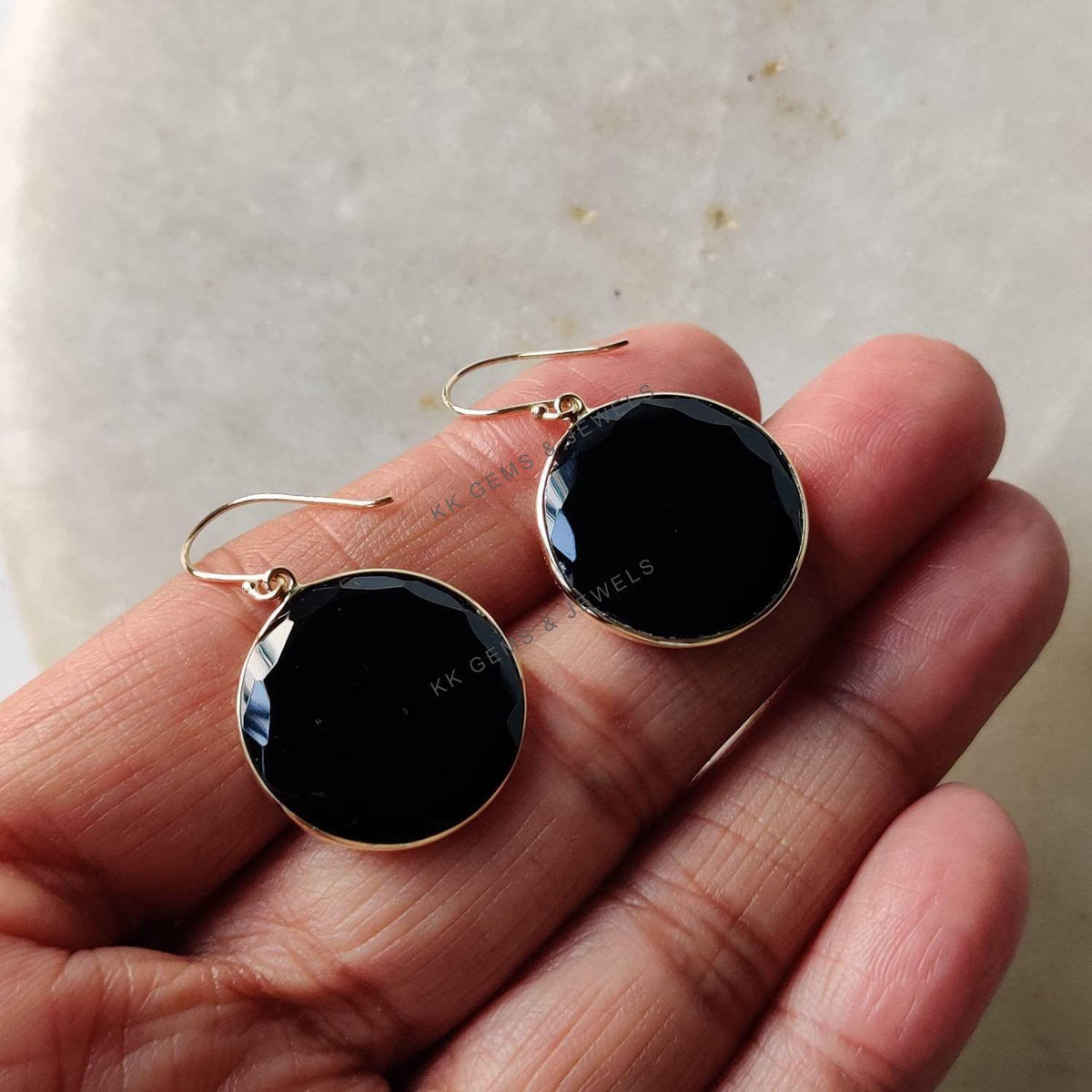 14K Solid Gold Natural Black Onyx Earrings, Round Bezel Set