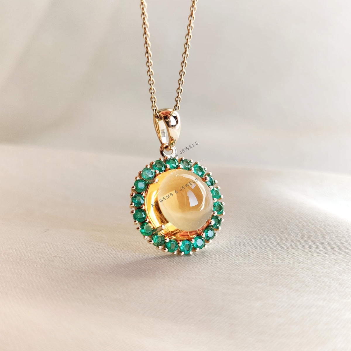 Natural Citrine & Emerald Pendant, 14K Solid Yellow Gold, Halo Jewelry