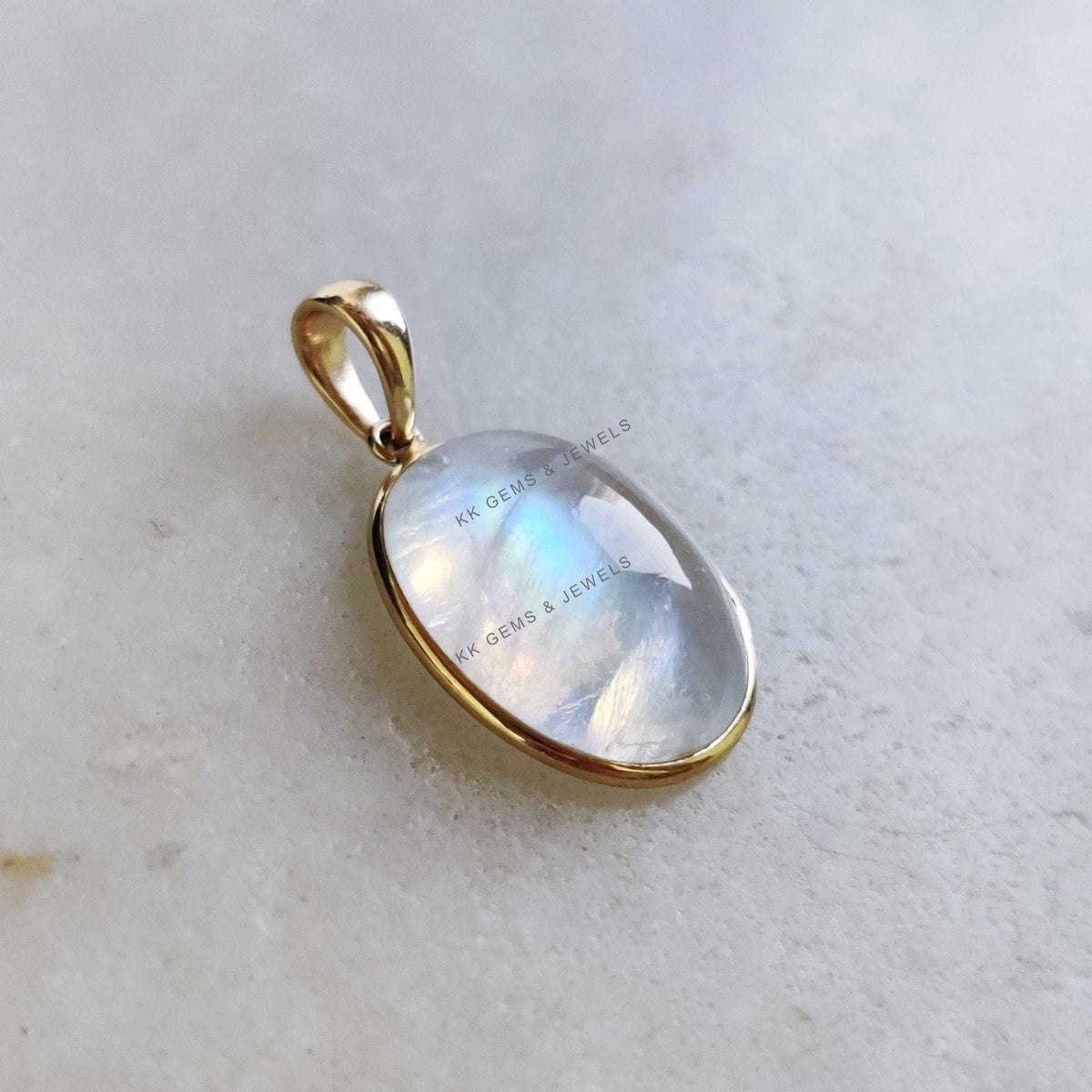 Natural Rainbow Moonstone Pendant: 14K Solid Yellow Gold Bezel, June Birthstone