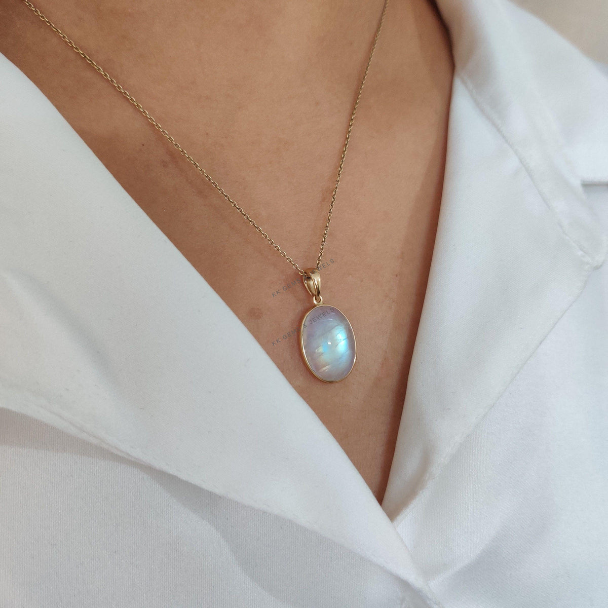Natural Rainbow Moonstone Pendant: 14K Solid Yellow Gold Bezel, June Birthstone