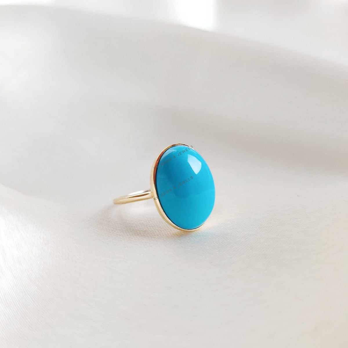 Natural Arizona Turquoise Ring, Oval Cabochon, 14K Solid Yellow Gold, December Birthstone