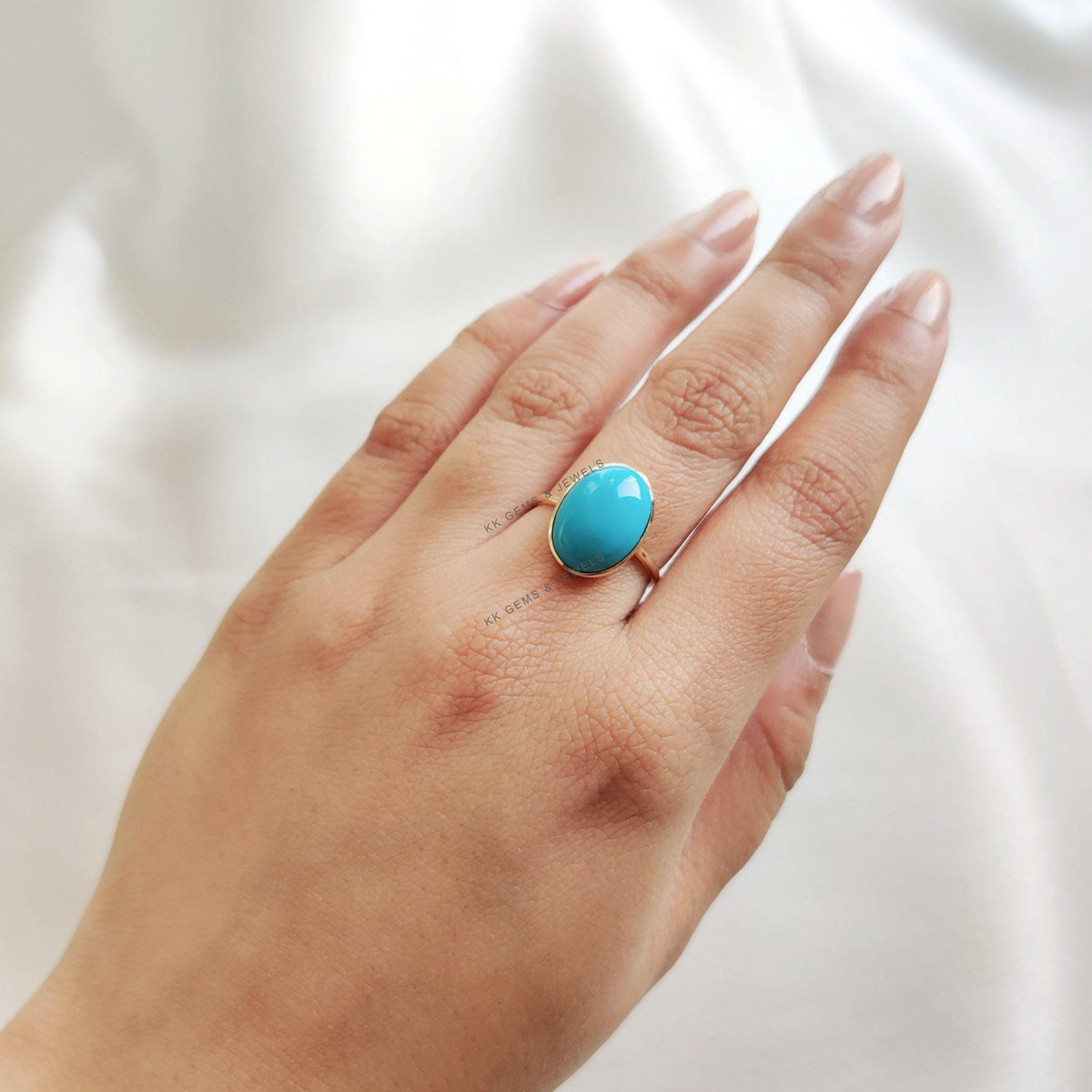 Natural Arizona Turquoise Ring, Oval Cabochon, 14K Solid Yellow Gold, December Birthstone