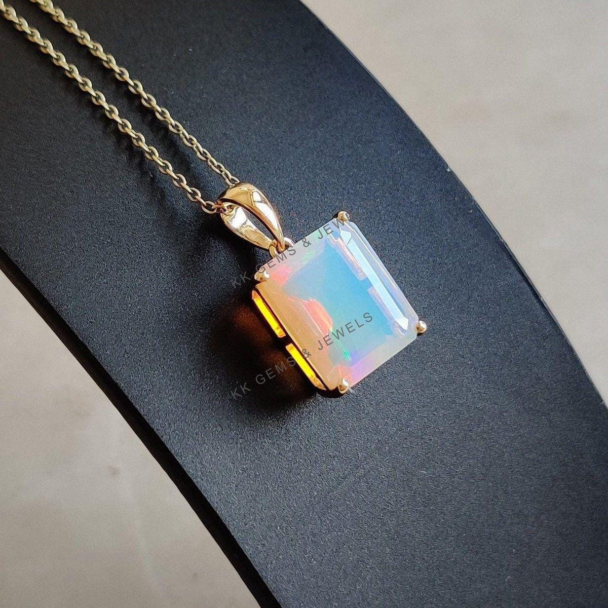 Natural Ethiopian Opal Pendant: 14K Solid Yellow Gold Octagon, October Birthstone