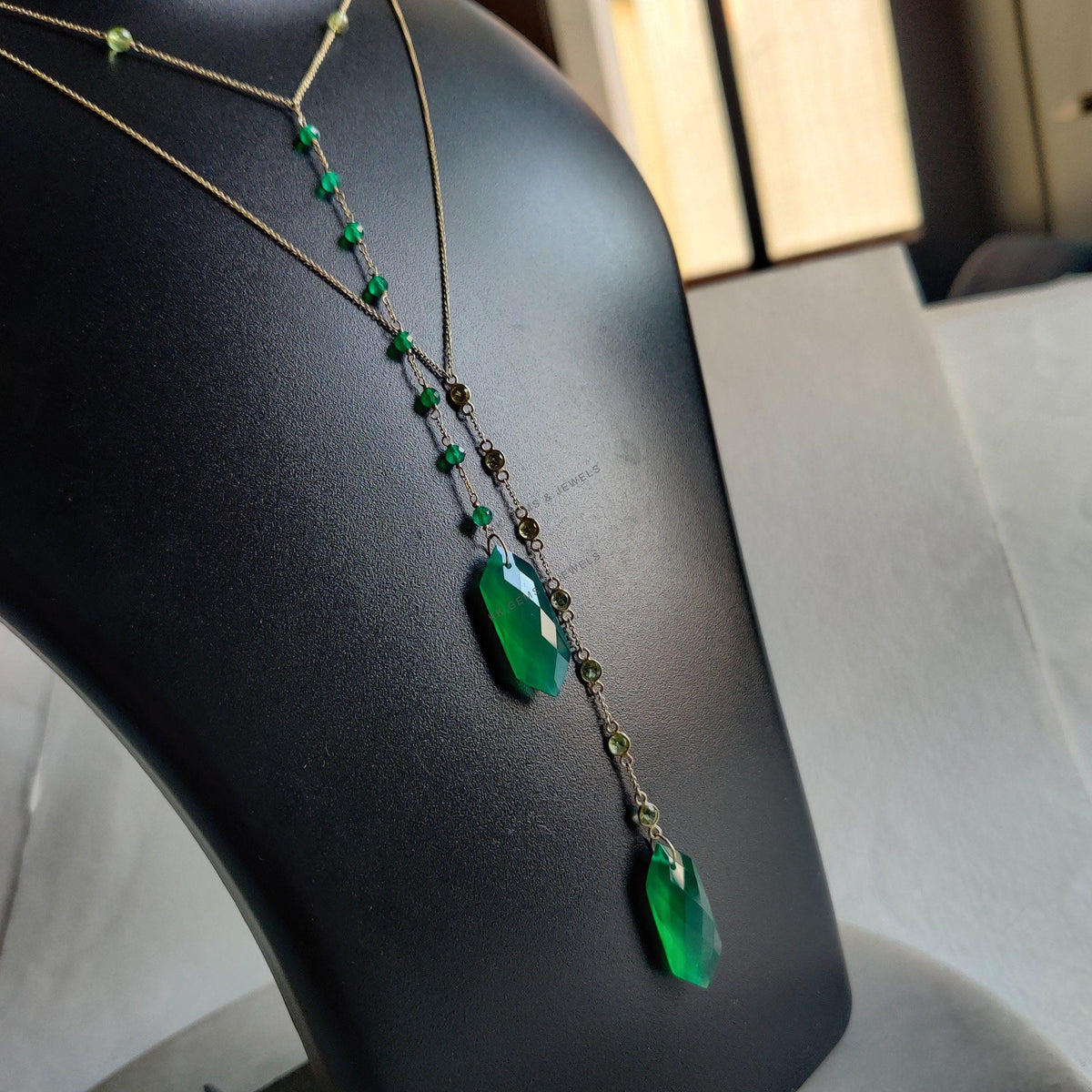 Natural Green Onyx & Peridot 14K Solid Yellow Gold Chain Necklace, August May Birthstone