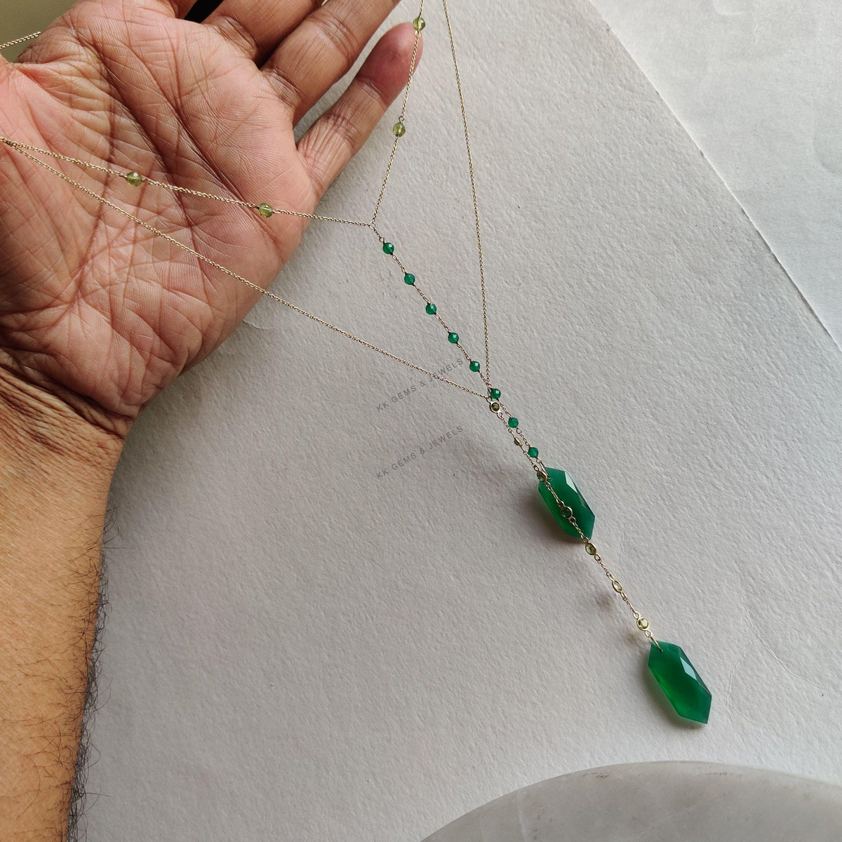 Natural Green Onyx & Peridot 14K Solid Yellow Gold Chain Necklace, August May Birthstone
