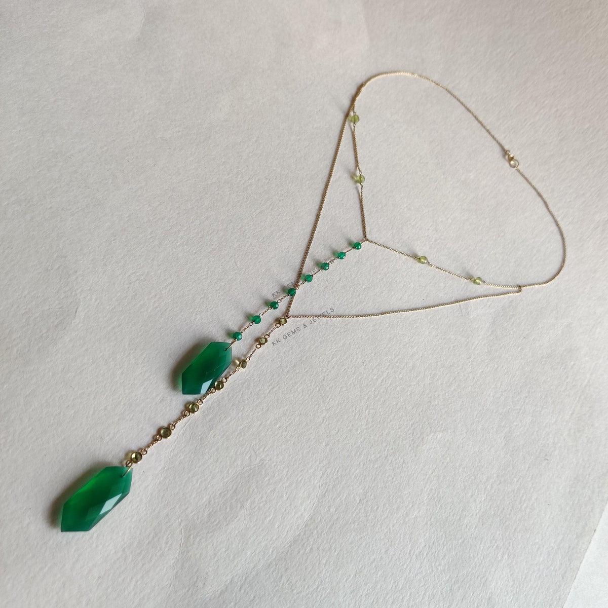 Natural Green Onyx & Peridot 14K Solid Yellow Gold Chain Necklace, August May Birthstone