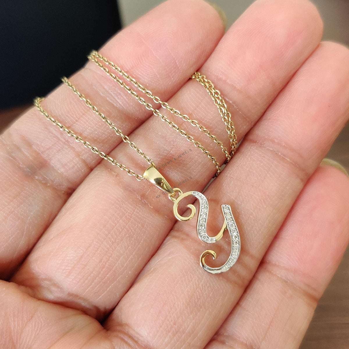 14K Solid Gold Initial Y Diamond Pendant, Birthday Gift