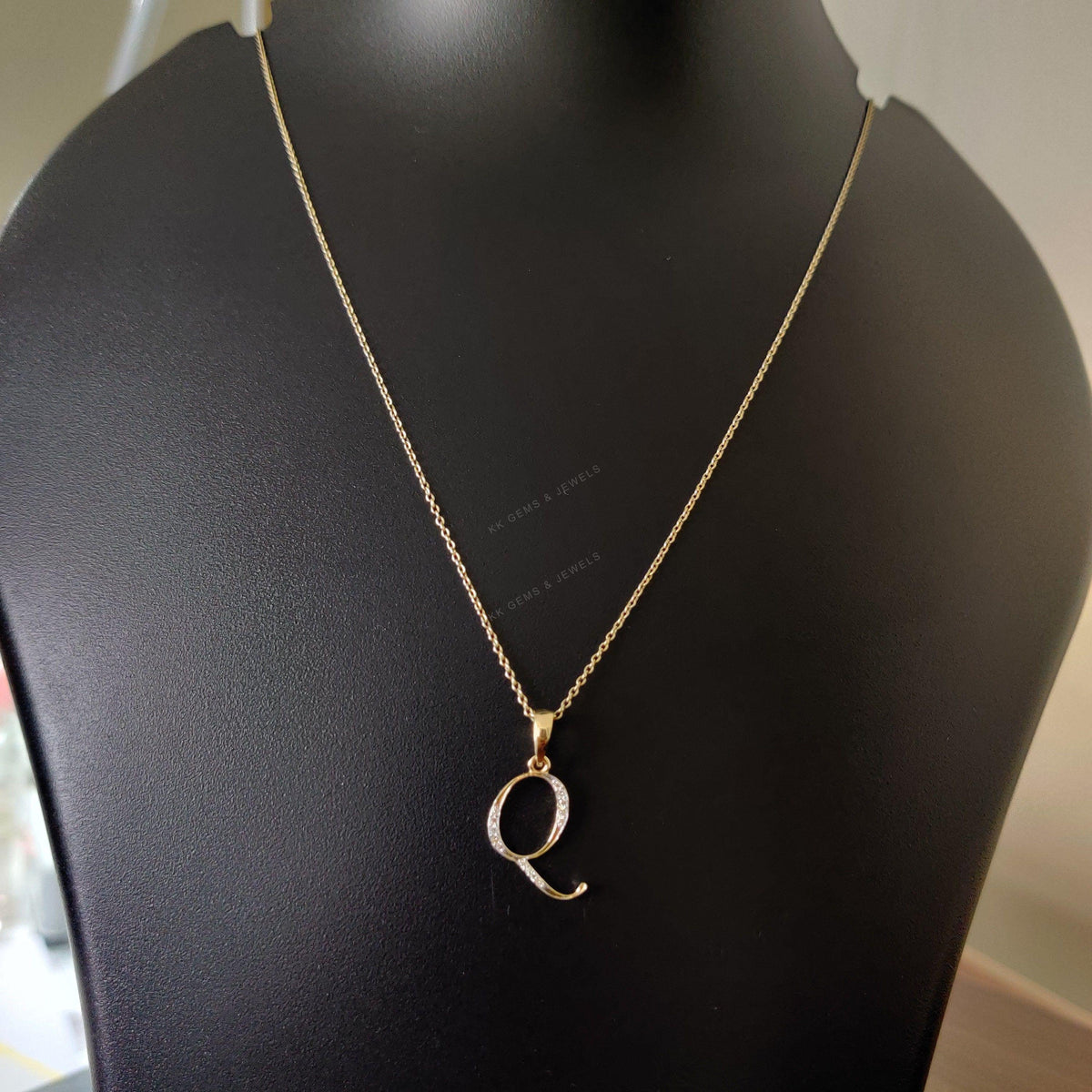 14K Solid Gold Initial Q Diamond Pendant, Personalised Birthday Gift