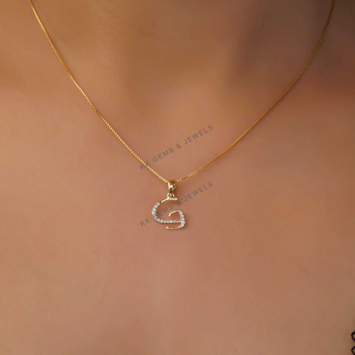 14K Gold Initial G Diamond Pendant, Solid Yellow Gold Charm