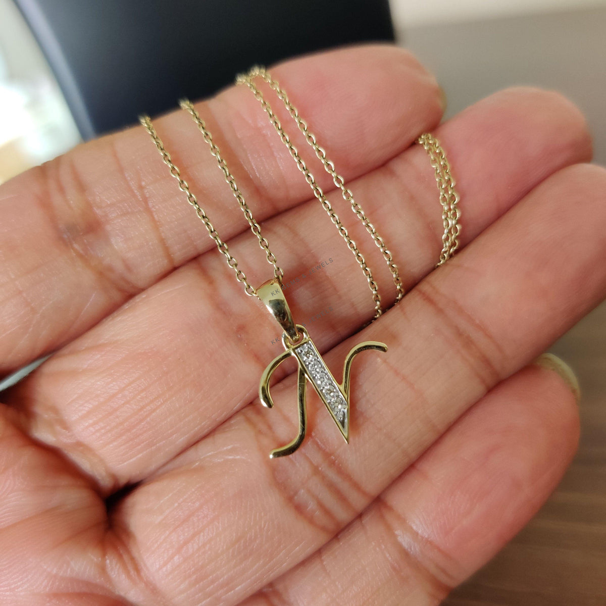14K Solid Gold Initial N Diamond Pendant, Birthday Gift