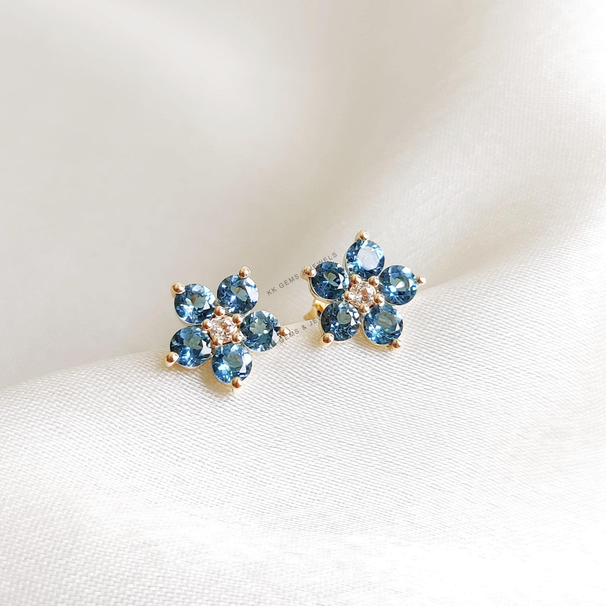 Natural Swiss Blue Topaz & White Topaz Flower Studs, 14K Solid Yellow Gold Earrings