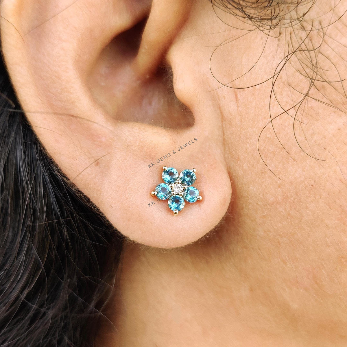 Natural Swiss Blue Topaz & White Topaz Flower Studs, 14K Solid Yellow Gold Earrings