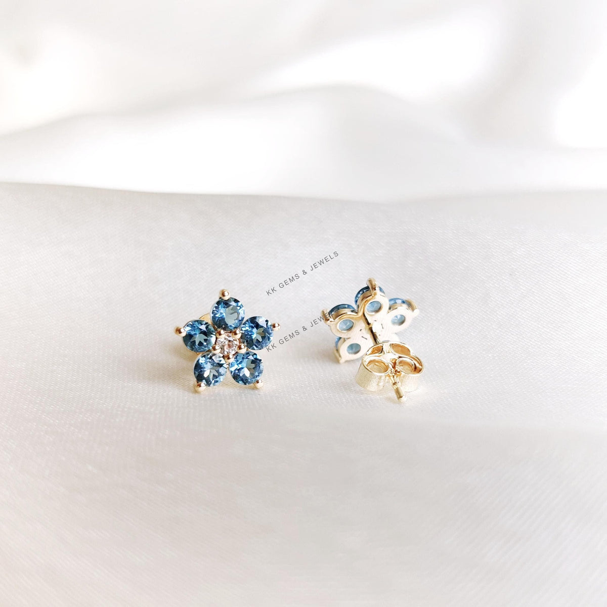 Natural Swiss Blue Topaz & White Topaz Flower Studs, 14K Solid Yellow Gold Earrings