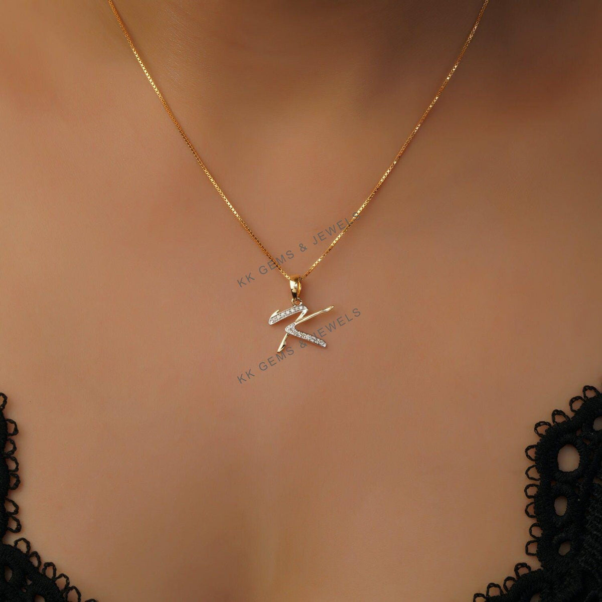 14K Solid Gold Initial K Diamond Pendant, Birthday Gift