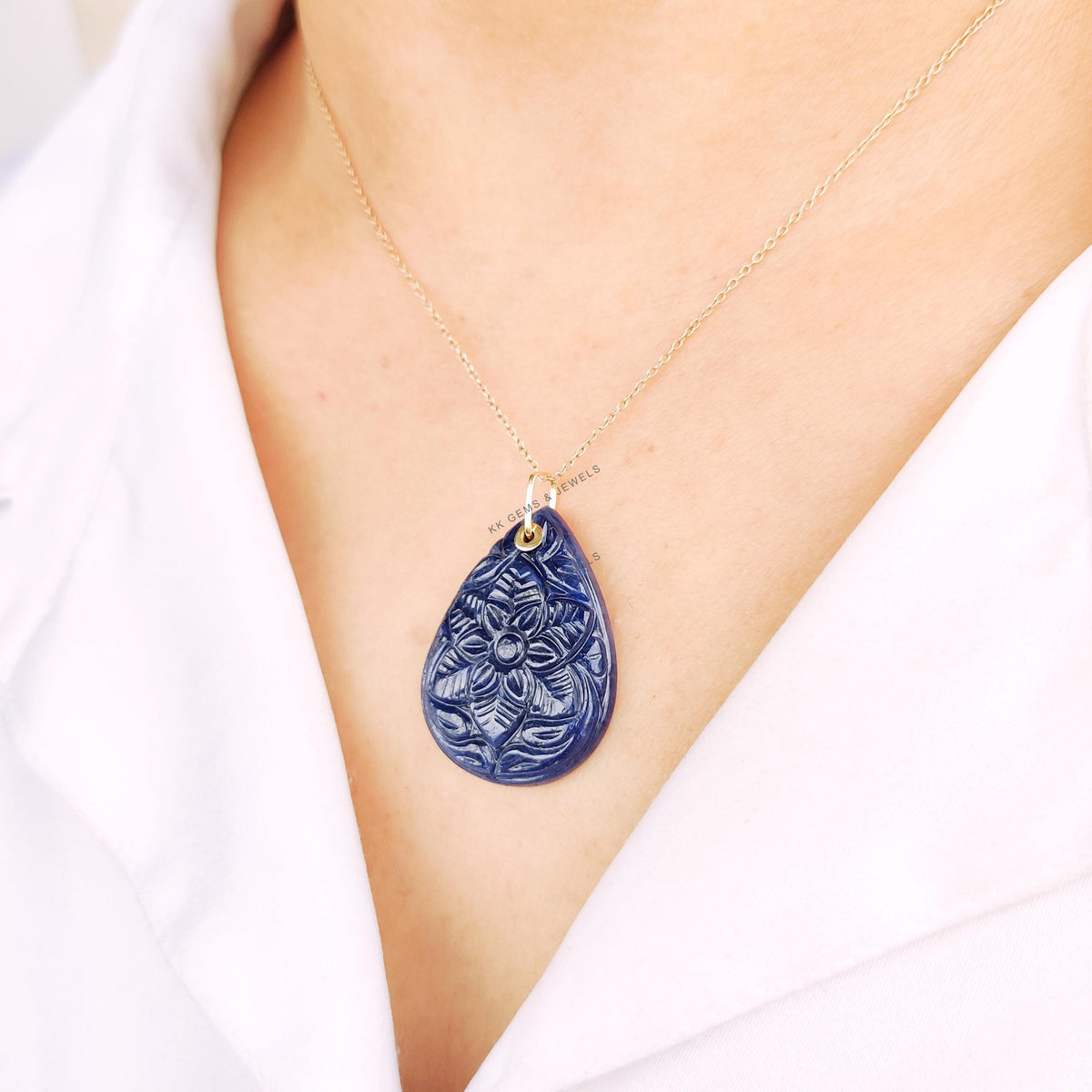 Natural Carved Blue Sapphire Drill Pendant, 14K Solid Yellow Gold, September Birthstone