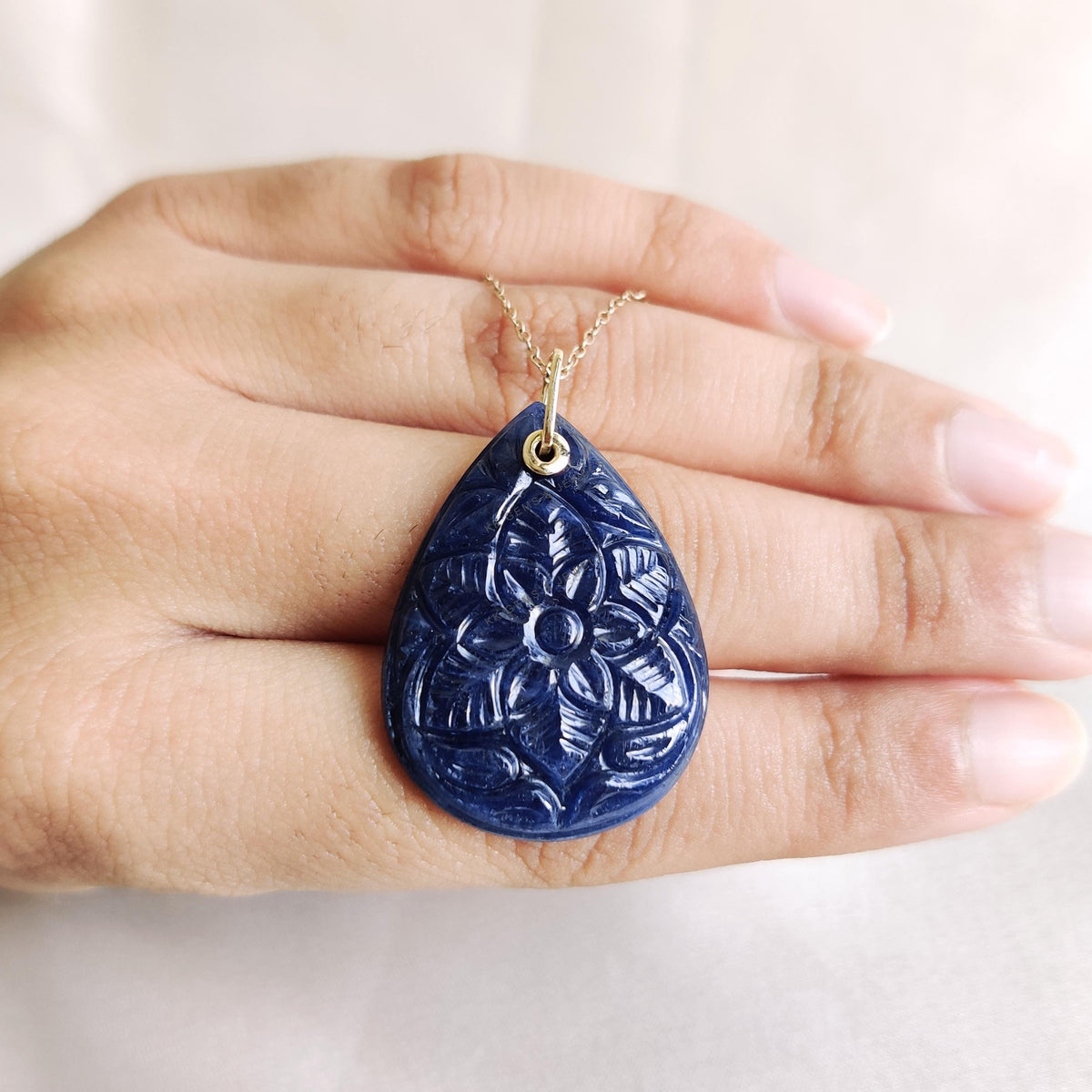 Natural Carved Blue Sapphire Drill Pendant, 14K Solid Yellow Gold, September Birthstone