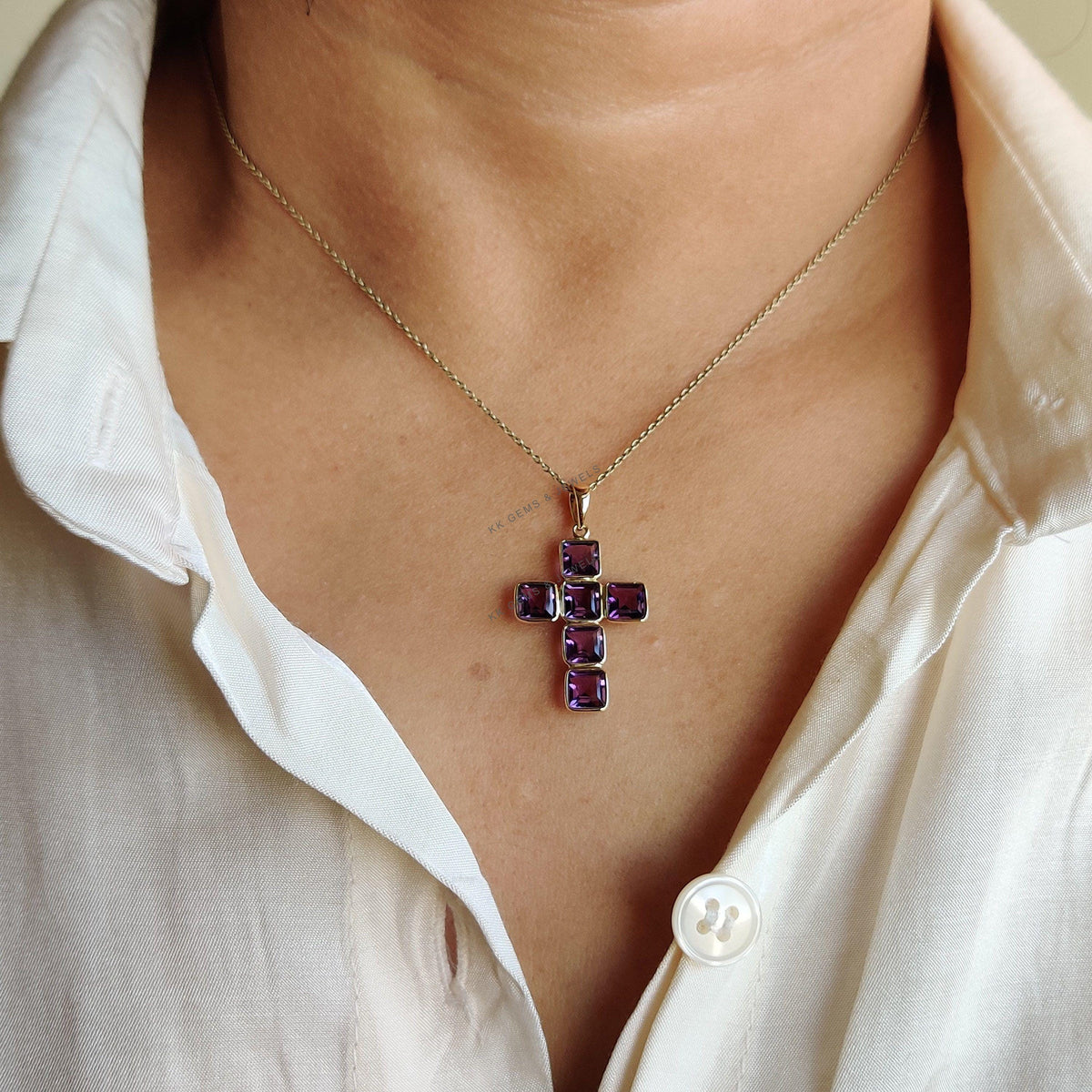 14K Solid Gold Natural Purple Amethyst Cross Pendant, February Birthstone