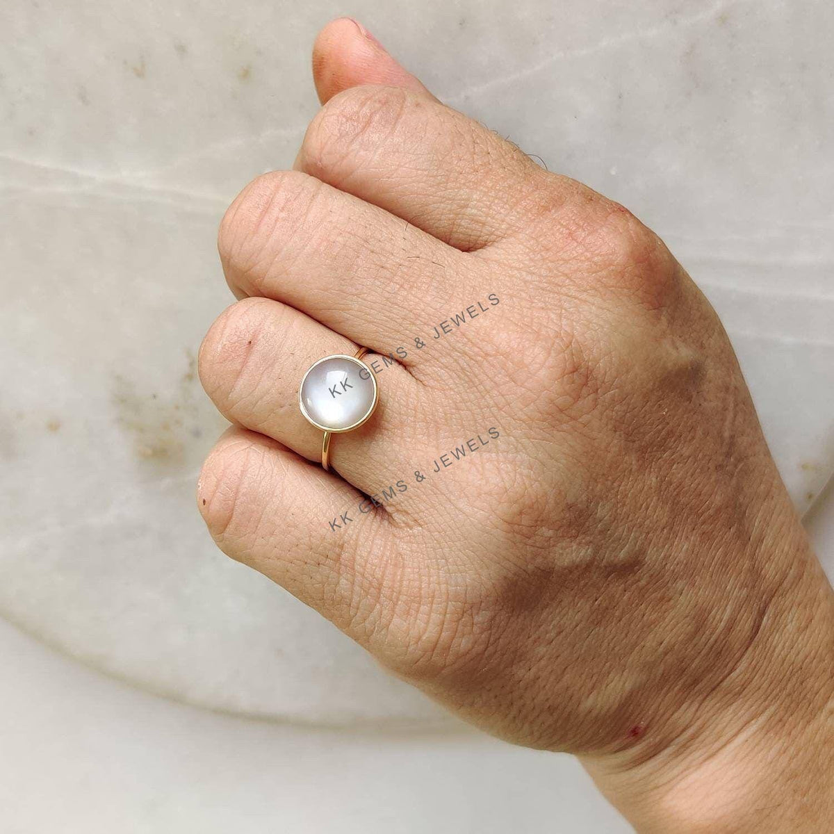 14K Solid Yellow Gold Natural White Moonstone Ring, June Birthstone