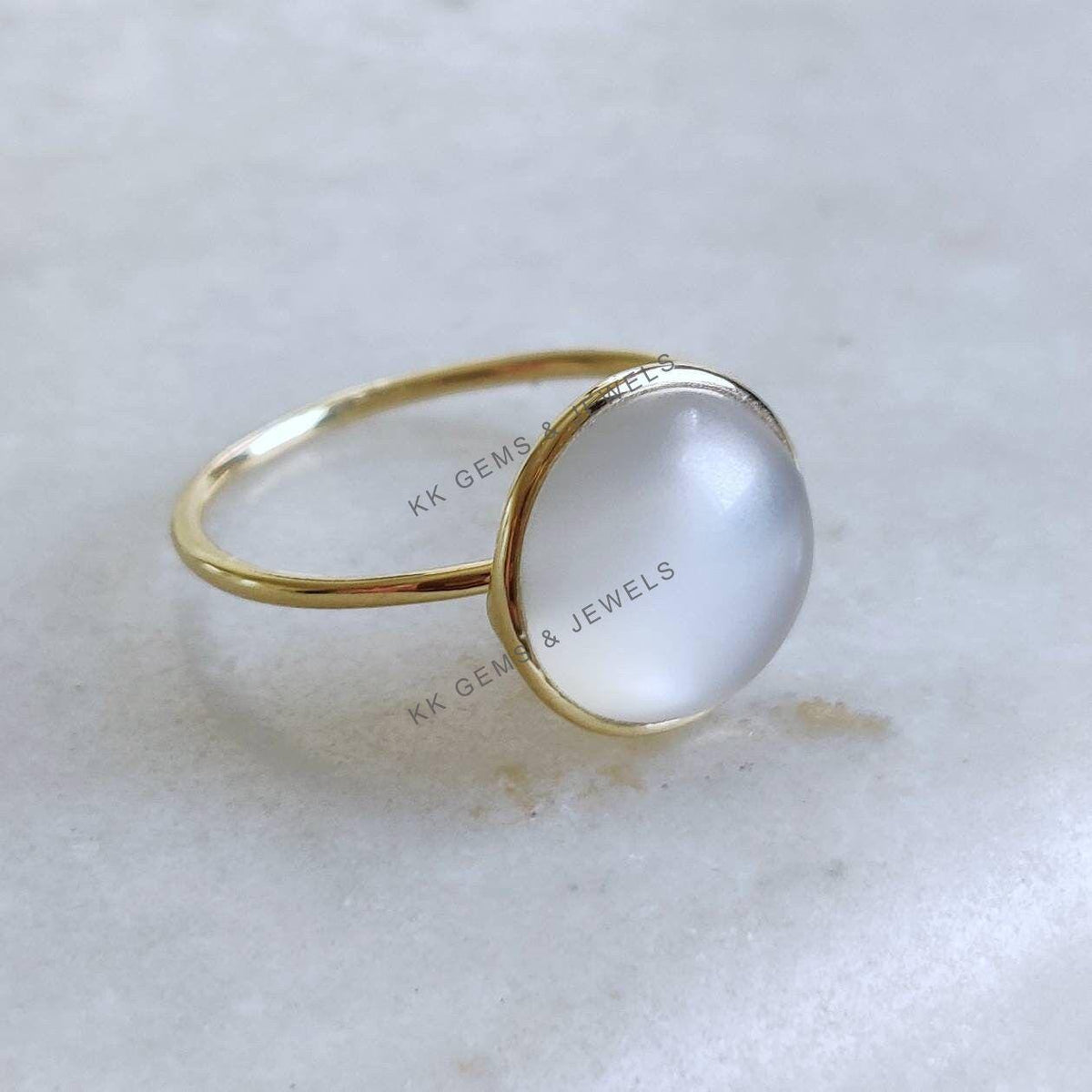 14K Solid Yellow Gold Natural White Moonstone Ring, June Birthstone